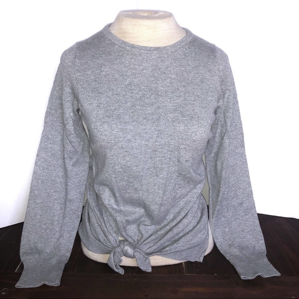 The Limited Heather Gray Ribbed Knit Crewneck Front Knot Long Sleeve Size Medium